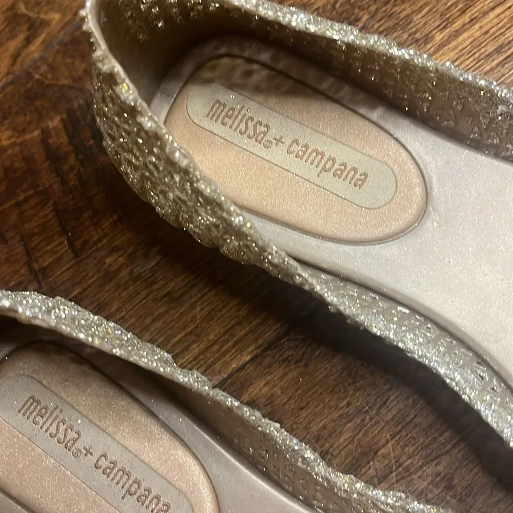 Melissa Gold Glitter Campana Papel Jelly Ballet Flats, size 6